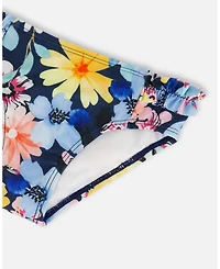 Deux par Deux Girl Printed Two-Piece Swimsuit Navy And Yellow And Pink Flowers - Toddler|Child
