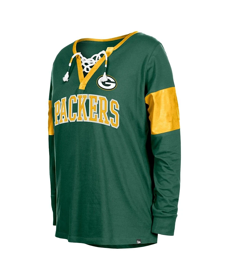 New Era Women's Green Green Bay Packers Lace-Up Notch-Neck Long Sleeve T-Shirt