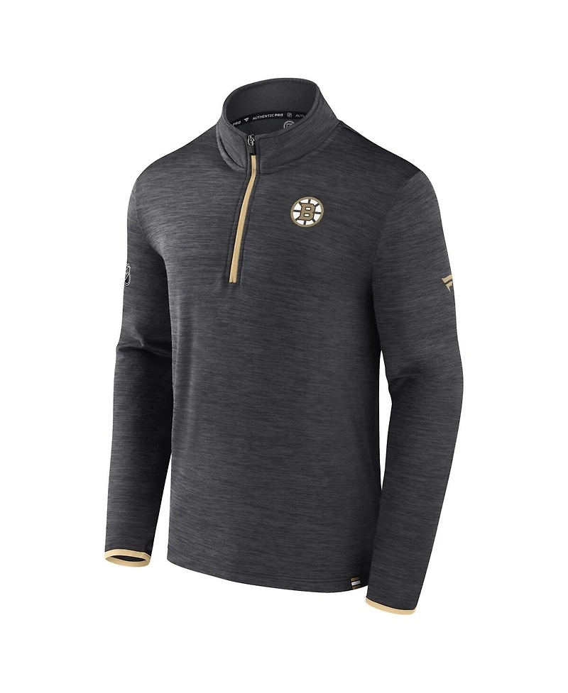 Fanatics Men's Heather Charcoal Boston Bruins Authentic Pro Quarter-Zip Pullover Top