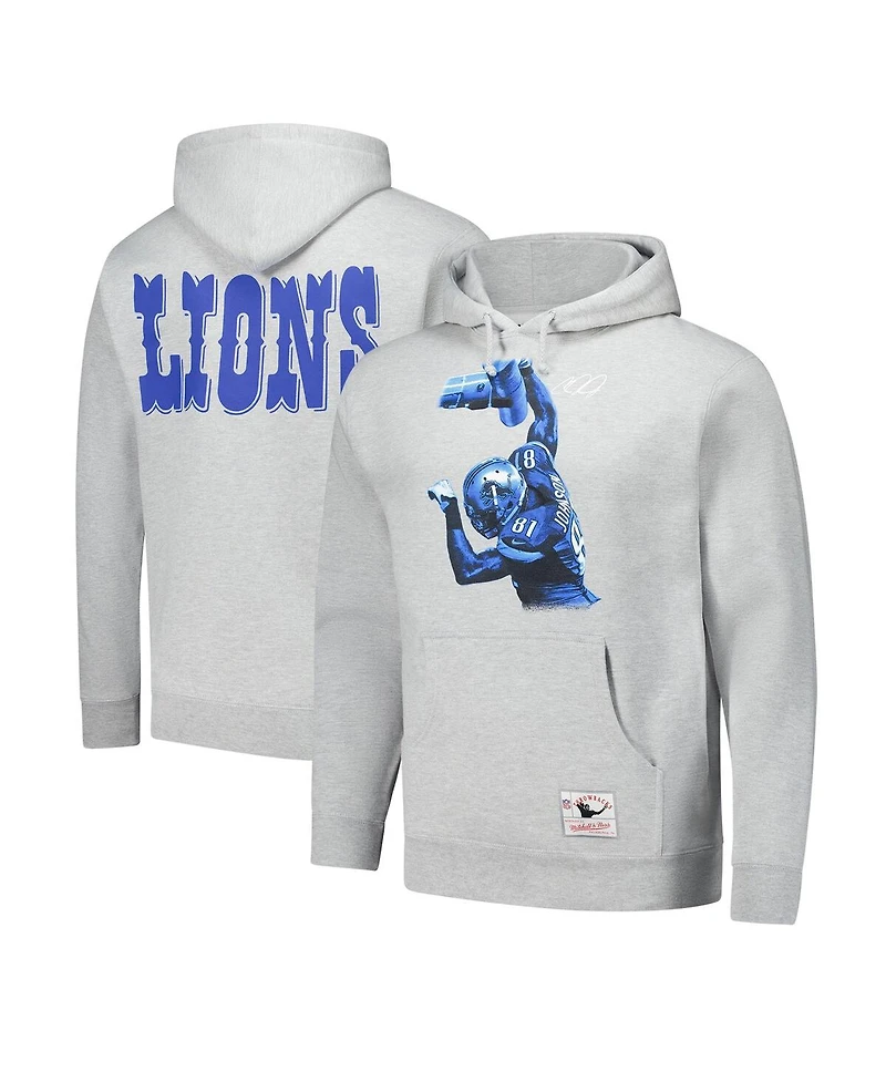Mitchell & Ness Men's Heather Gray Calvin Johnson Detroit Lions Hall of Fame Player Graphic Pullover Hoodie