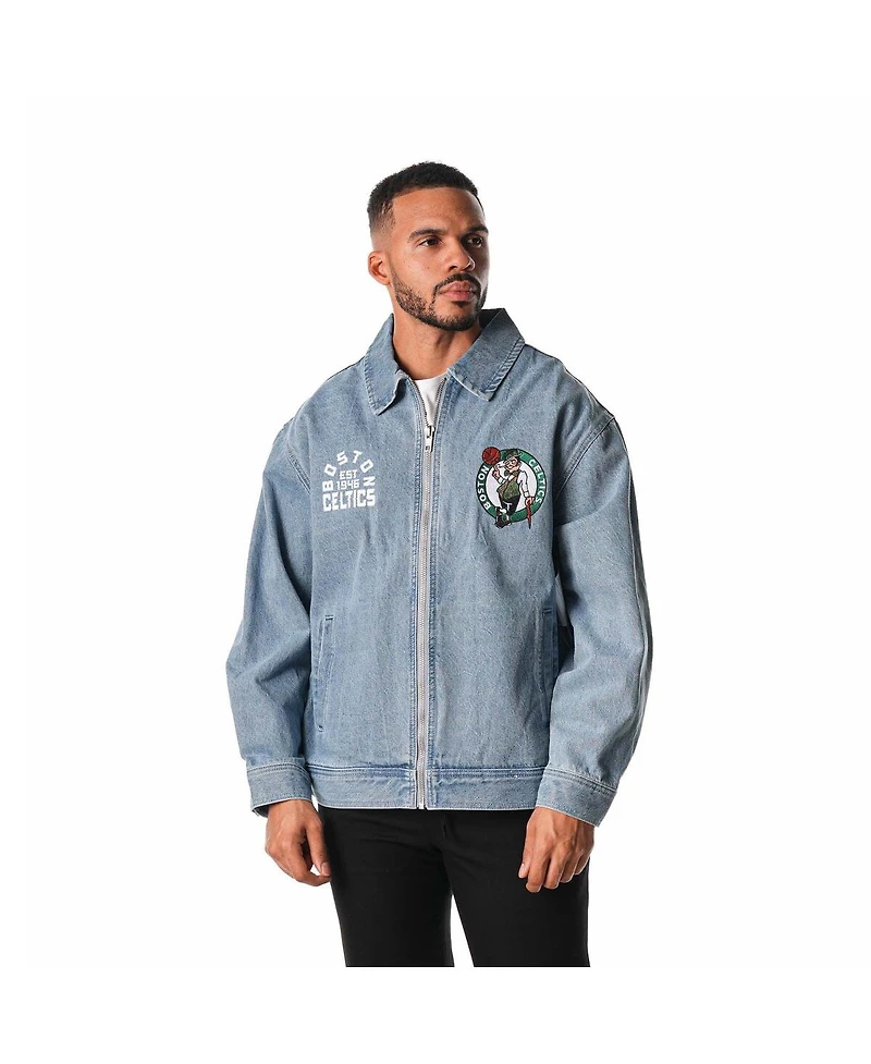 The Wild Collective Men's and Women's Blue Boston Celtics Coaches Full-Zip Denim Jacket