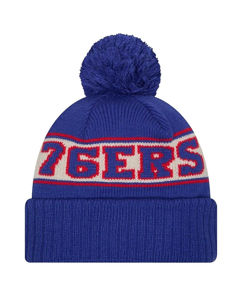 New Era Men's Royal Philadelphia 76ers Throwback Retro Cuffed with Pom Knit Hat