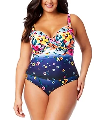 Anne Cole Plus Size Floral-Print Draped-Front Underwire One-Piece Swimsuit