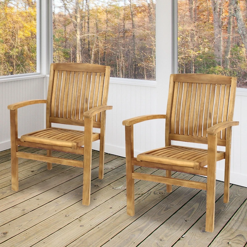Outdoor Solid Teak Wood Slat-Back Patio Dining Armchair