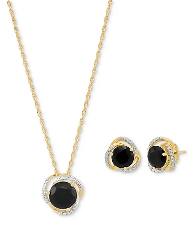 Macy's Onyx (3-7/8 ct. t.w.) & Diamond (1/10 ct. t.w.) Stud Earrings & Pendant Necklace in 14k Gold Over Sterling Silver, 16" + 2" extender