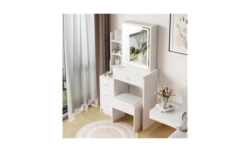 Small Left Bedside Vanity Table with Led Mirror and Cushioned Stool – Compact Makeup Station for Bedroom