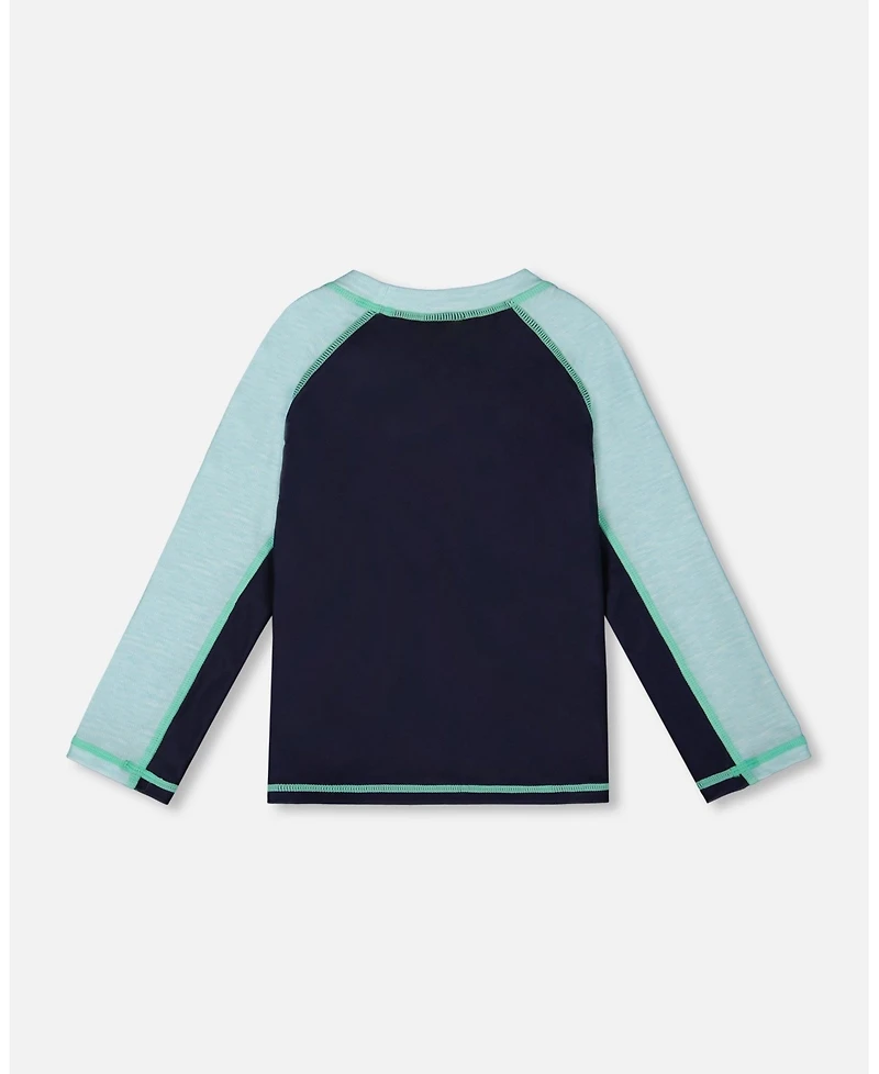 Deux par Deux Boys Long Sleeve Rashguard Navy Blue And Turquoise