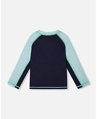 Deux par Deux Boys Long Sleeve Rashguard Navy Blue And Turquoise