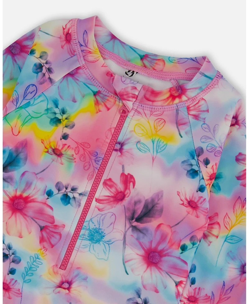 Deux par Deux Girl Printed Long Sleeve Rashguard Butterflies On Multicolored Background - Toddler|Child