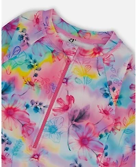 Deux par Deux Girl Printed Long Sleeve Rashguard Butterflies On Multicolored Background - Toddler|Child