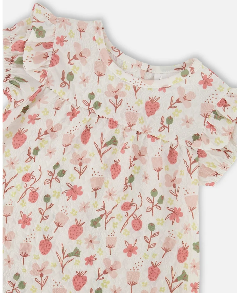 Deux par Baby Girls Printed Seersucker Dress And Bloomer Set Pink Flowers On Cream Background
