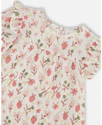 Deux par Baby Girls Printed Seersucker Dress And Bloomer Set Pink Flowers On Cream Background
