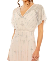 Mac Duggal Women's V-Neck Embellished Flutter Sleeve A Line Gown