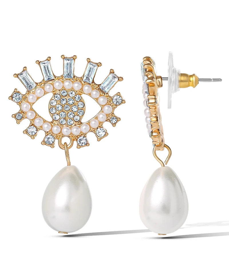Jessica Simpson Gold-Tone Evil Eye Pearl Drop Earrings