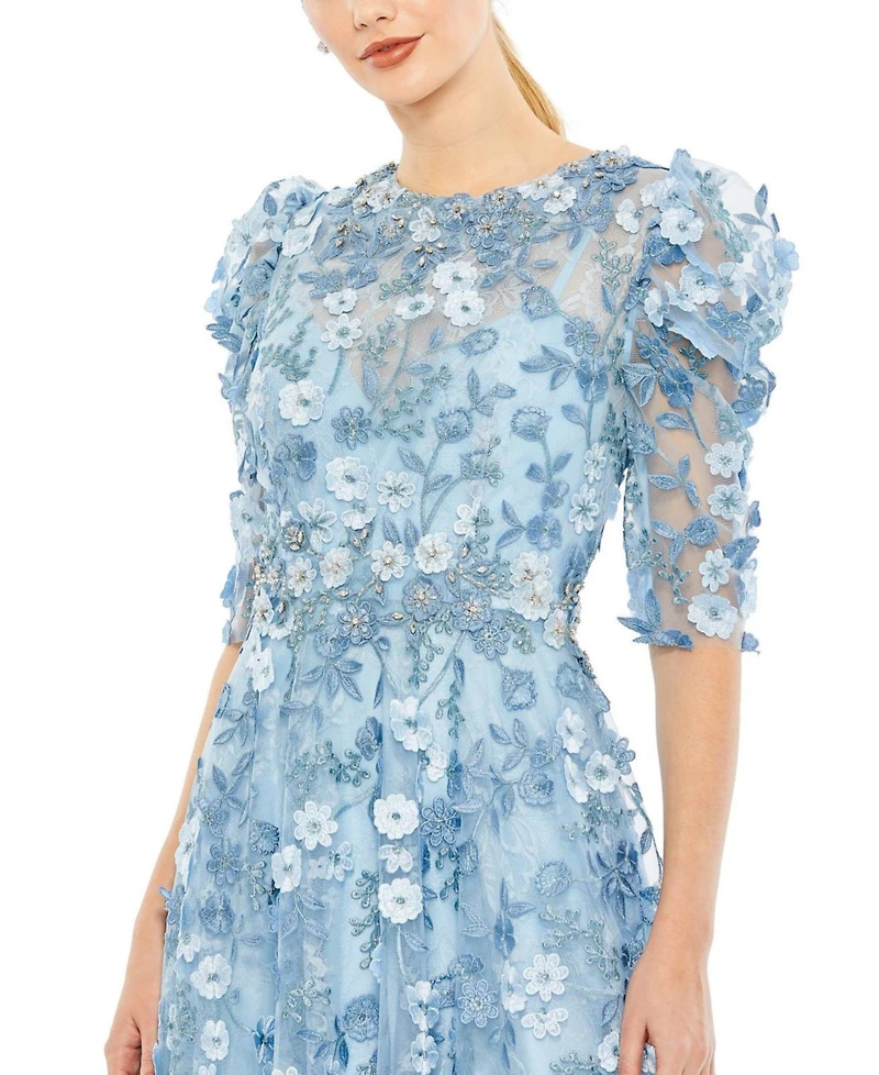 Women's Applique High Neck Puff Sleeve A Line Dress