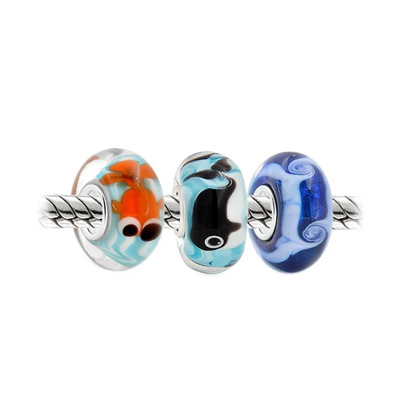 Bling Jewelry Nautical Glass Charm Bead Set Silver Core Multi-Color Murano Fish & Whale Design