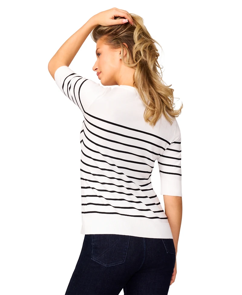 Melissa Paige Petite Striped Crew-Neck Elbow-Sleeve Sweater