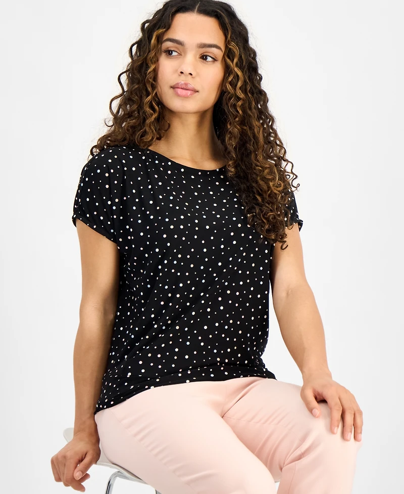 Ak Anne Klein Petite Short-Sleeve Scoop-Neck Floral Top