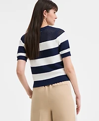 On 34th Women's Cotton Striped Perforated-Stitch Sweater, Exclusively at Macy's