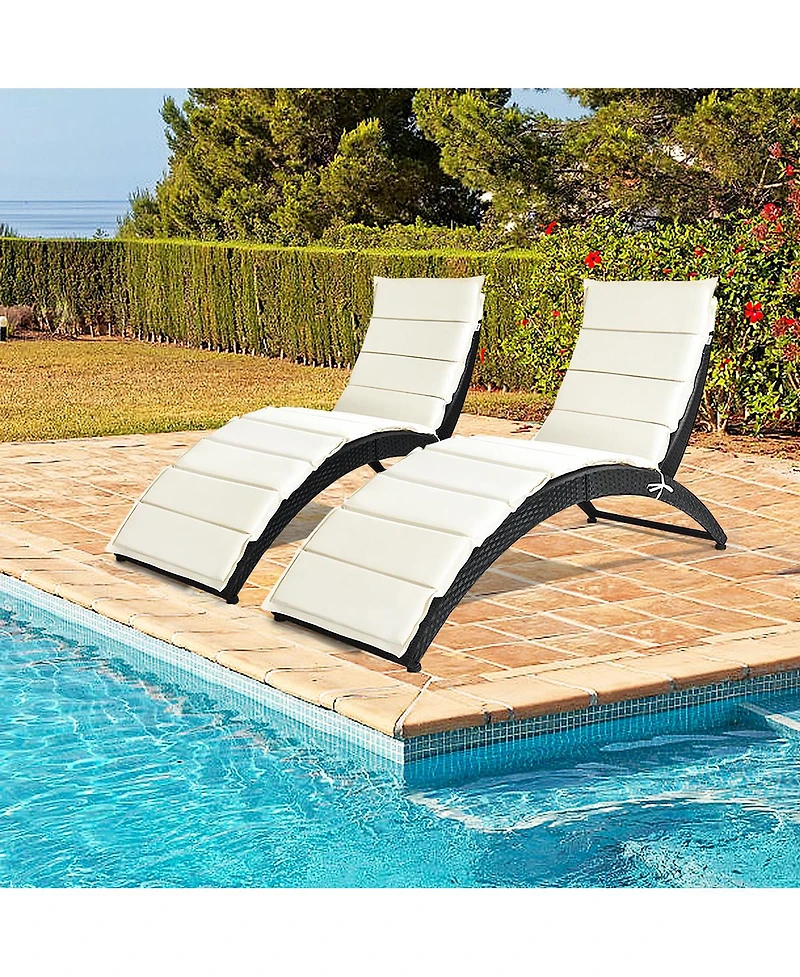 2PCS Folding Patio Rattan Lounge Chair Chaise Cushioned Portable Garden