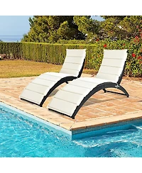 2PCS Folding Patio Rattan Lounge Chair Chaise Cushioned Portable Garden