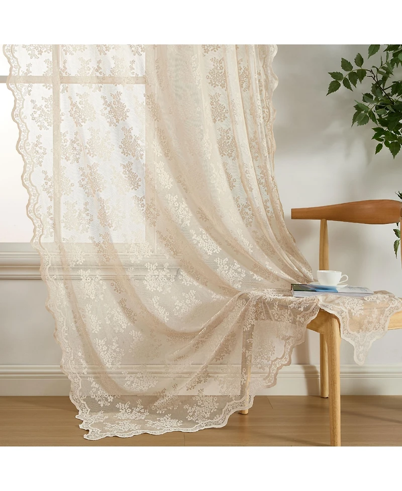 Hlc.me Jolene Floral Soft Decorative Lace Semi Sheer Light Filtering Rod Pocket Window Treatment Curtain Drapery Panels for Bedroom & Living Room