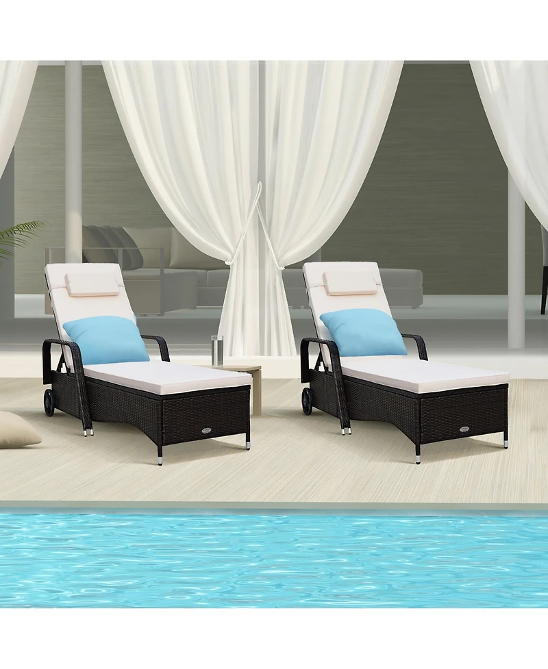 2PCS Patio Rattan Lounge Chair Chaise Adjustable Recliner Cushioned Sofa Garden
