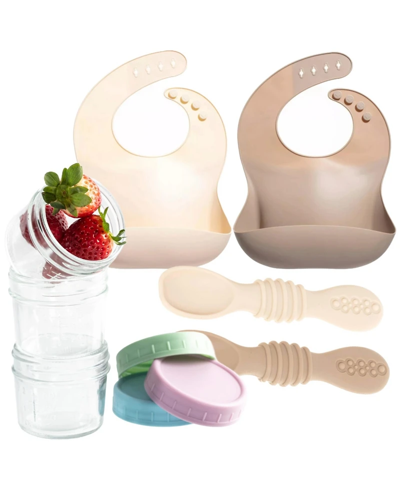 Sperric 12pc Glass Baby Food Storage Jars, 4 Silicone Spoons & 2 Bibs, Mealtime Essentials – Bpa-Free, Leakproof, and Dishwa
