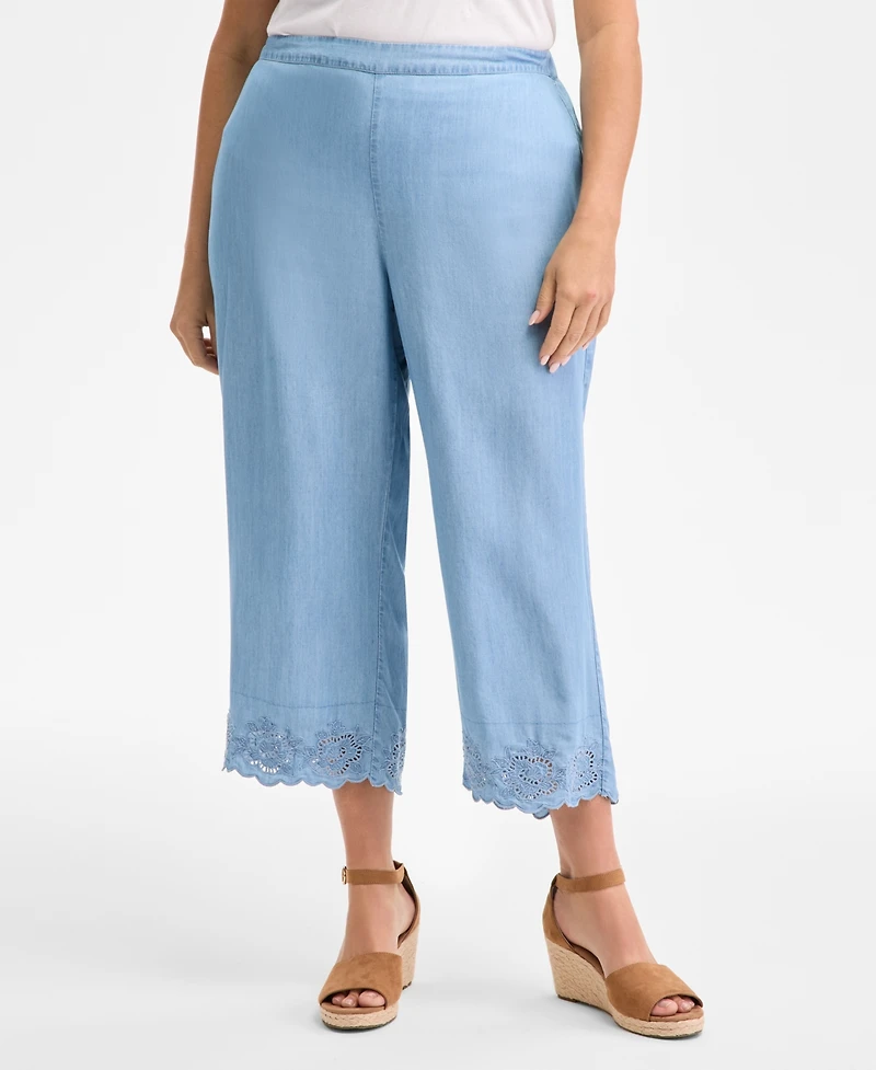 Style & Co Plus Embroidered-Hem Chambray Pull-On Pants, Exclusively at Macy's