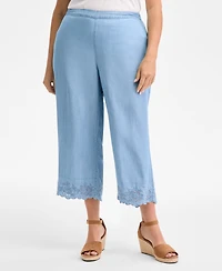 Style & Co Plus Embroidered-Hem Chambray Pull-On Pants, Exclusively at Macy's