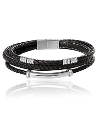 Lucky Brand Stainless Steel Triple Row Black Cord Bracelet - 8.25"