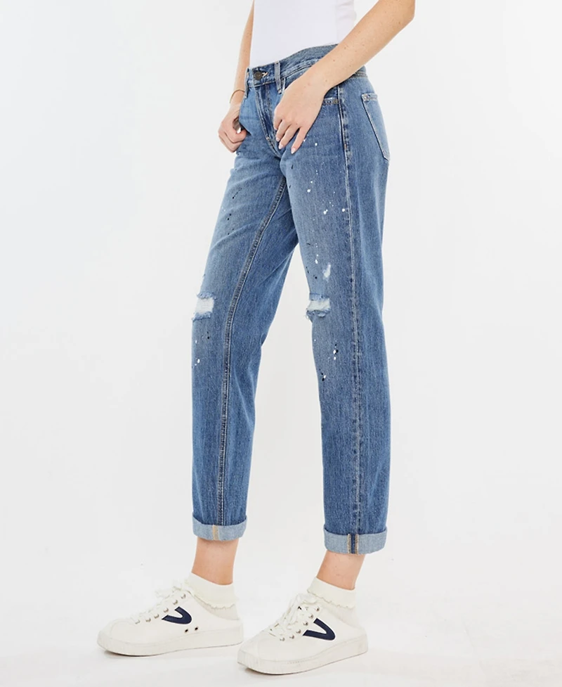 Kancan Women's Paint Effect Mid Rise Boyfriend Jeans