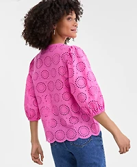 On 34th Women's Solid Eyelet Puff-Sleeve Blouse, Created for Macy's