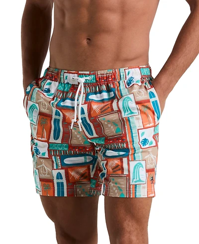 Original Penguin Men's Slim Fit Surf Print Drawstring 7" Swim Trunks