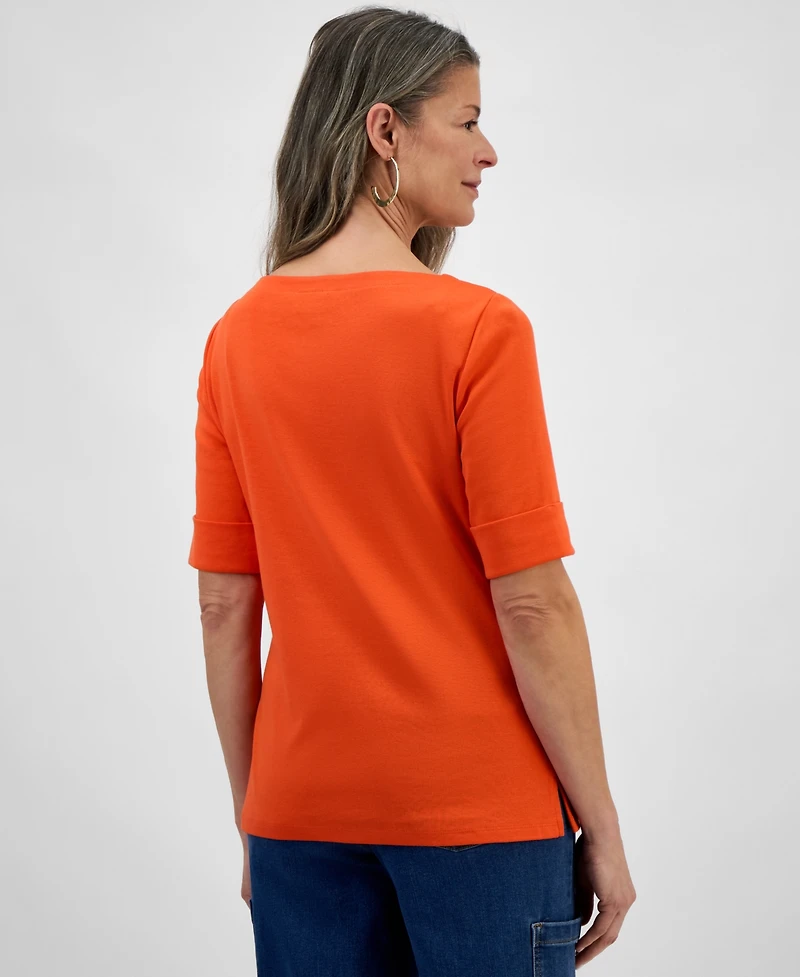 Style & Co Women's Boat-Neck Elbow Sleeve Cotton Top, Exclusively at Macy's