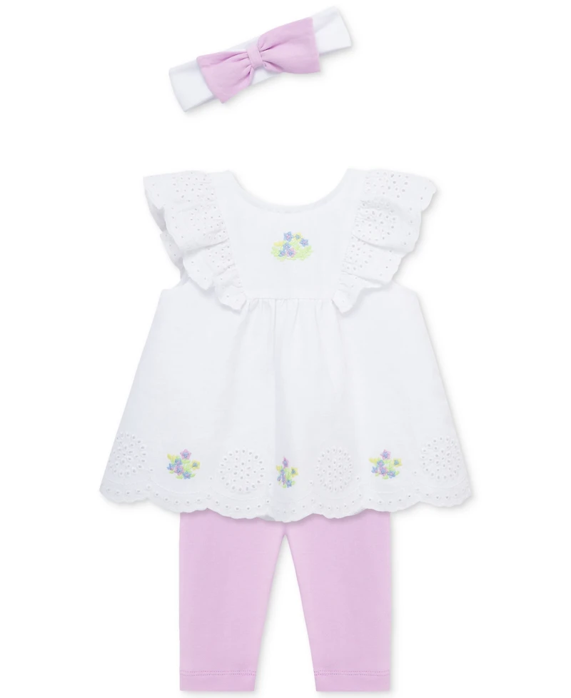 Little Me Baby Girls 3-Pc. Sweet Eyelet Floral Top, Leggings & Headband Set