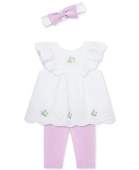Little Me Baby Girls 3-Pc. Sweet Eyelet Floral Top, Leggings & Headband Set