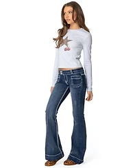 Edikted Womens Contrast Stitch Low Rise Flared Jeans