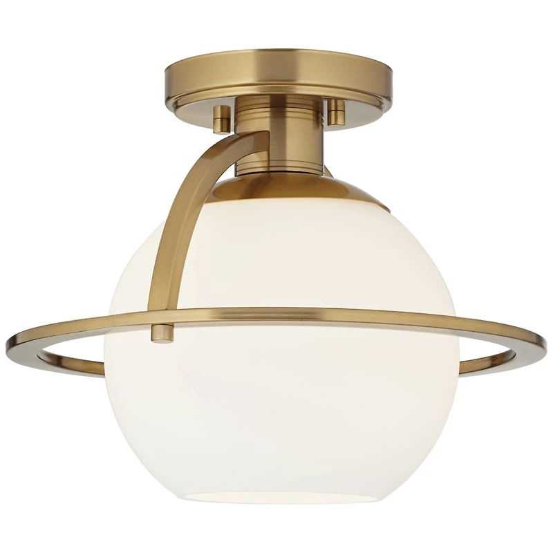 Oblys 12" Modern Semi Flush-Mount Mini Ceiling Light Fixture Kitchen Foyer Hallway Round Globe Warm Brass Finish White Glass Metal Bedroom Bathro