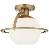 Oblys 12" Modern Semi Flush-Mount Mini Ceiling Light Fixture Kitchen Foyer Hallway Round Globe Warm Brass Finish White Glass Metal Bedroom Bathro