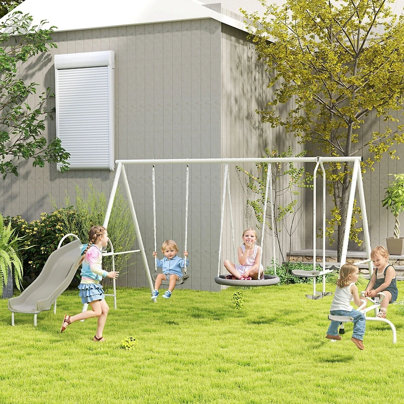 Outsunny 4-in-1 Kids Metal Swing Set for Backyard