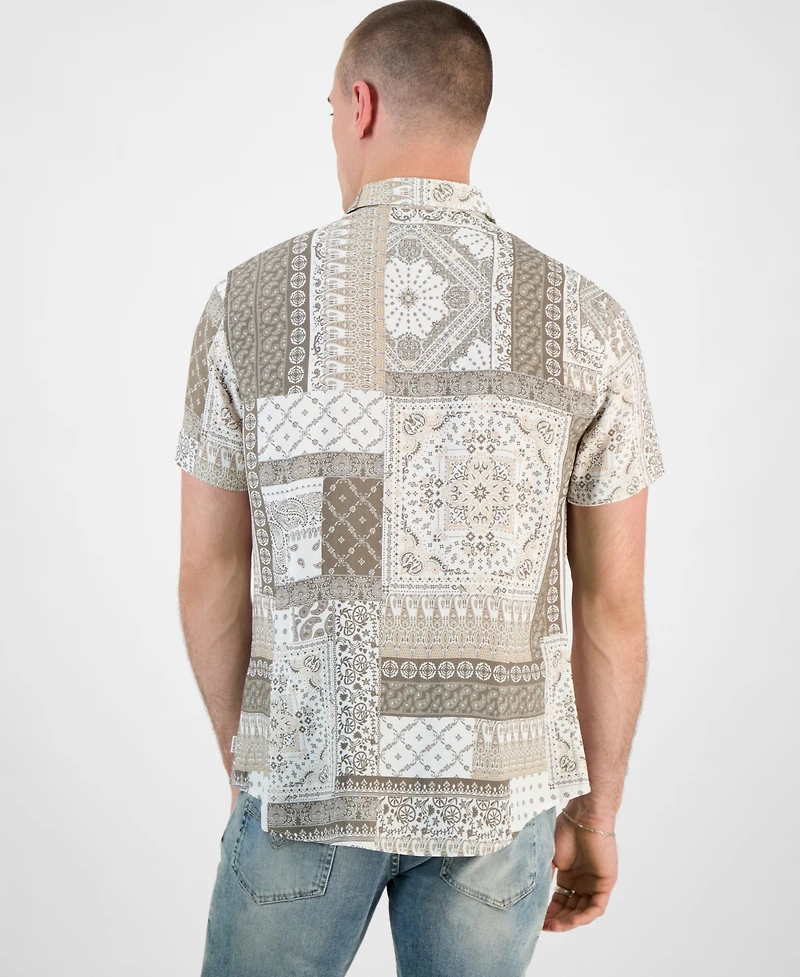 Guess Men's Regular-Fit Patchwork Tile-Print Button-Down Shirt