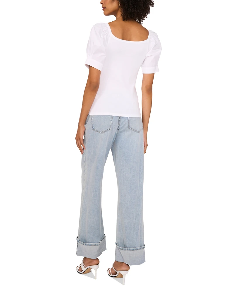1.state Women's Mixed-Media Puff-Sleeve Top
