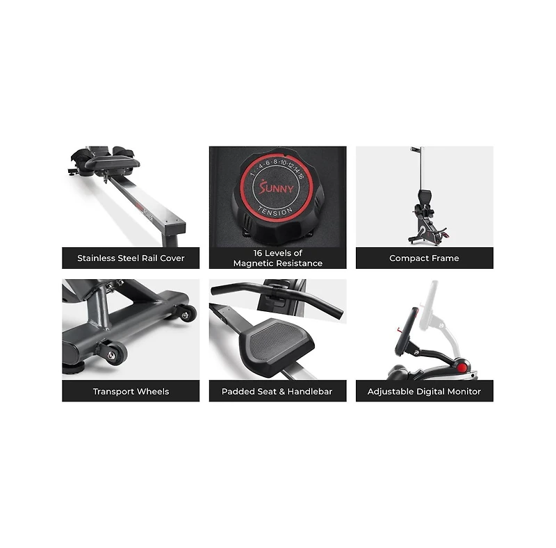 Sunny Health & Fitness Smart Compact Indoor Magnetic Rowing Machine – Home Use Rower w Stainless Steel Rail Support up to 300 Lb