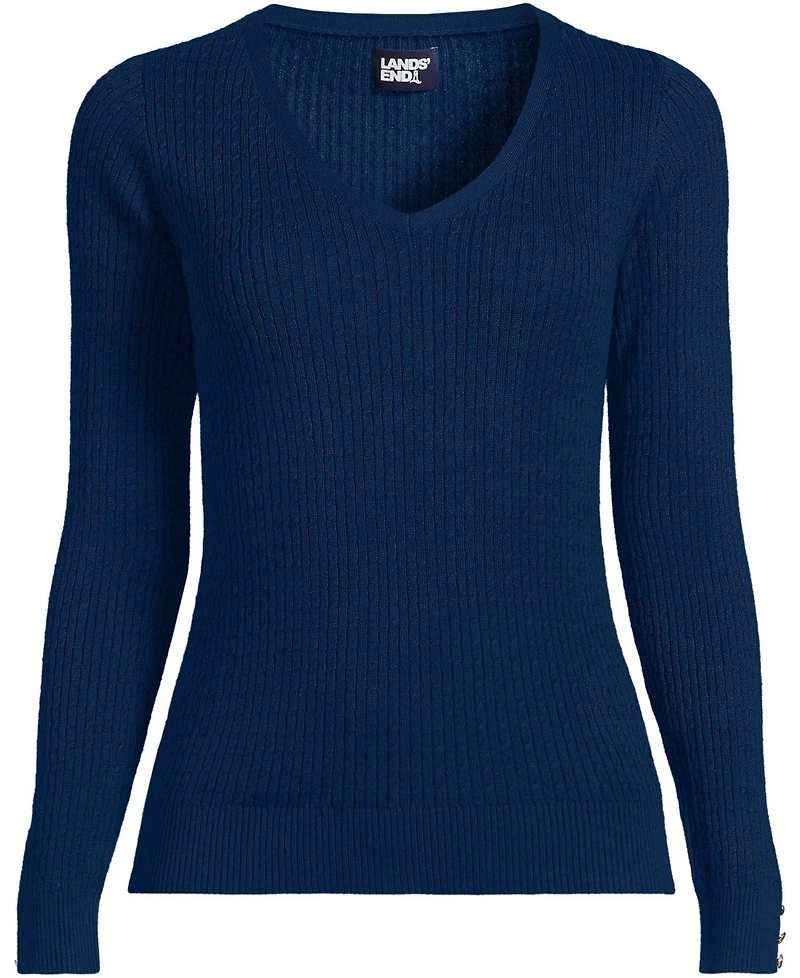 Lands' End Women's Fine Gauge Cotton Baby Cable Vneck Sweater
