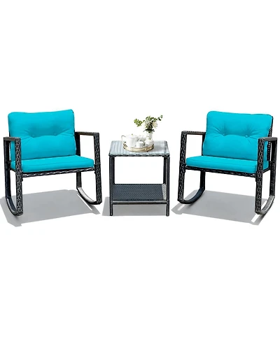 Gymax 3PCS Rattan Rocking Chair Table Set Patio Furniture Set w/ Cushions