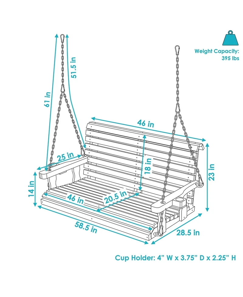 Outdoor 2-Person Traditional Wooden Porch Swing with Hanging Chains - 58.5-Inch - Brown