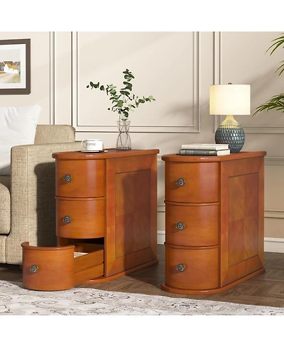 Tribesigns Wood End Table Set of 2, 3-Drawer Narrow Side Table Slim Chair Solid Side Table, No Assembly Required, Finished Back, Walnut