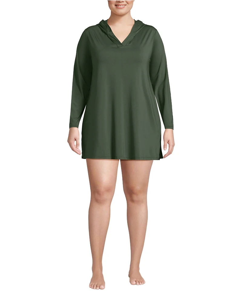 Lands' End Plus SunShade Upf 50 Hooded Mini Swim Cover-Up Dress