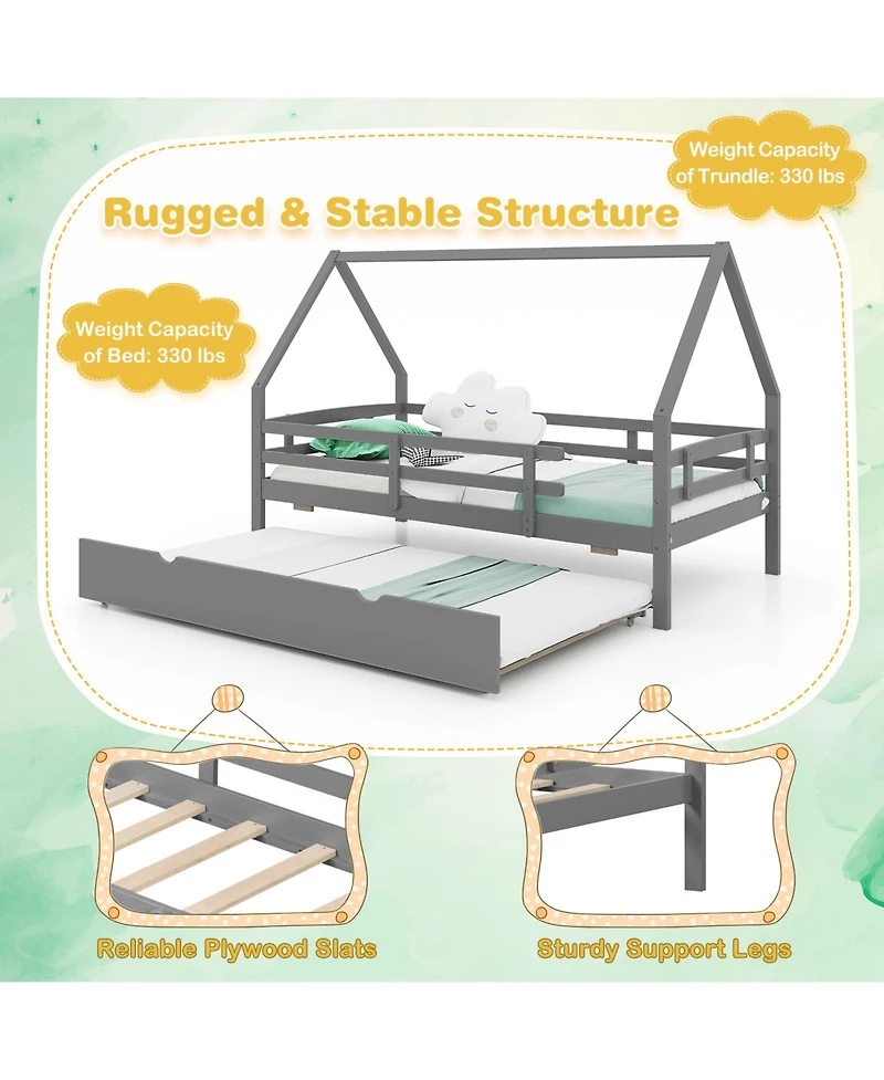 Wooden House Frame Bed with Trundle and Guard Rails for Toddlers or Kids